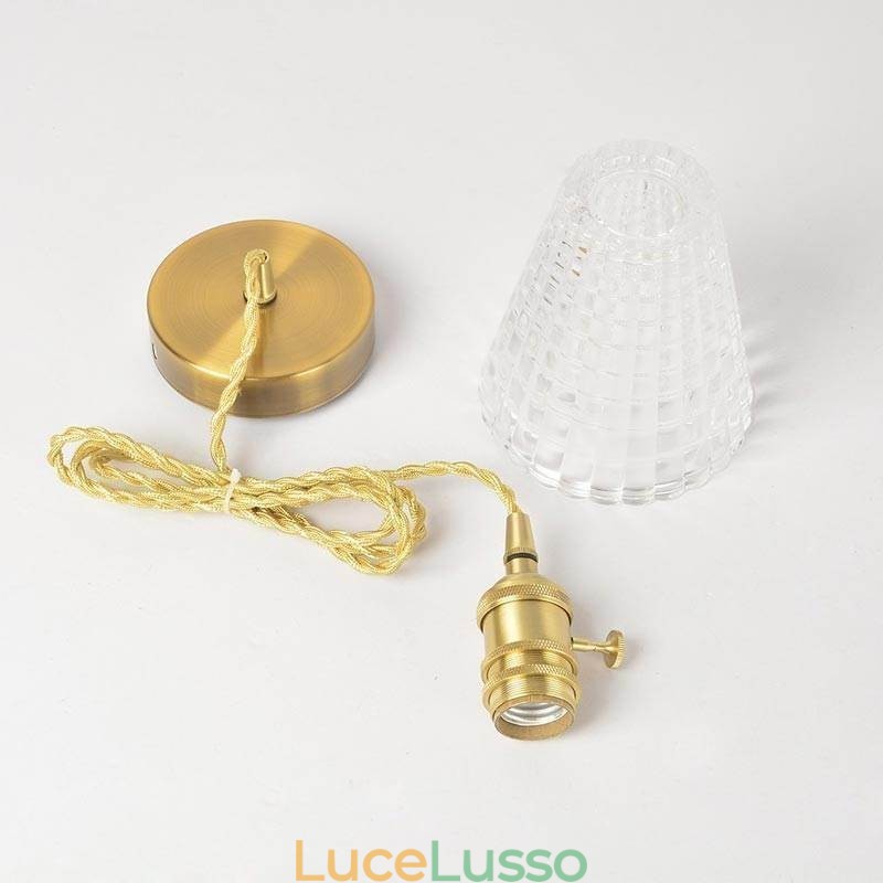 Lampada a sospensione quadrata in vetro trasparente a coste, lampada in ottone con interruttore a torsione