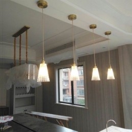 Lampada a sospensione quadrata in vetro trasparente a coste, lampada in ottone con interruttore a torsione