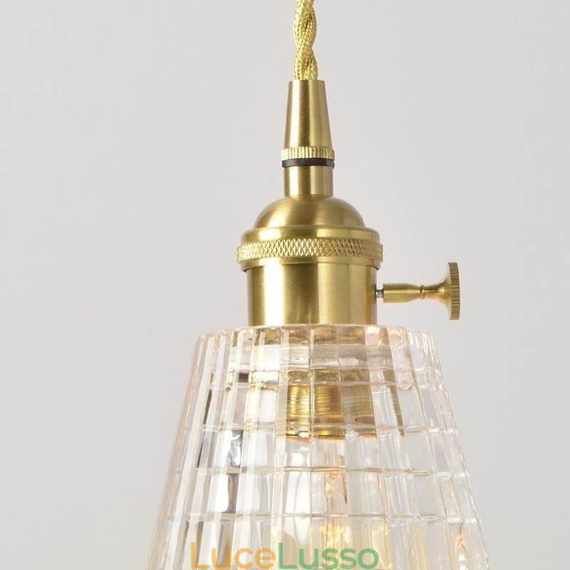 Lampada a sospensione quadrata in vetro trasparente a coste, lampada in ottone con interruttore a torsione