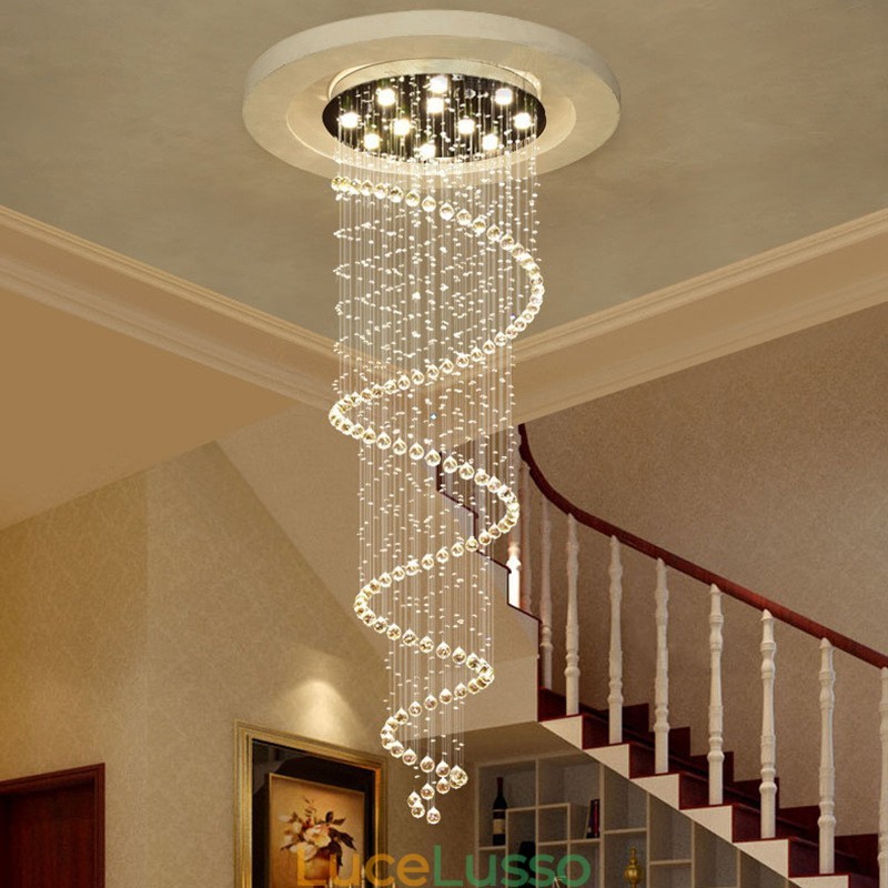 Lampadario a sospensione a spirale moderno in cristallo K9 per interni, lampadario per scale e soffitti alti