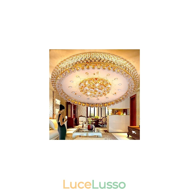 Lampada da soffitto rotonda in cristallo con cupola assorbente, diametro 80 cm, contiene 15 lampadine.