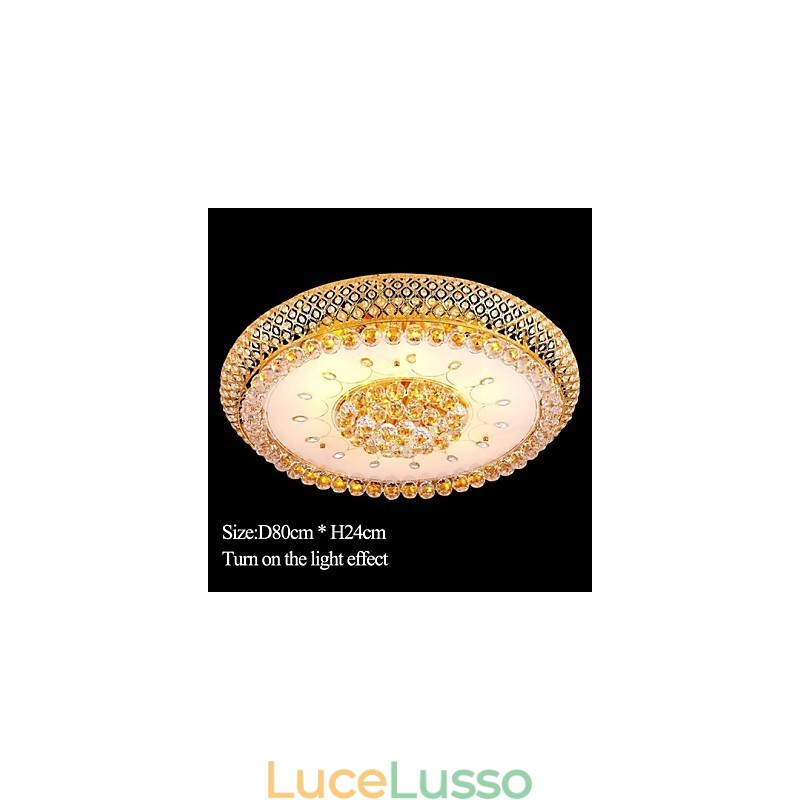 Lampada da soffitto rotonda in cristallo con cupola assorbente, diametro 80 cm, contiene 15 lampadine.