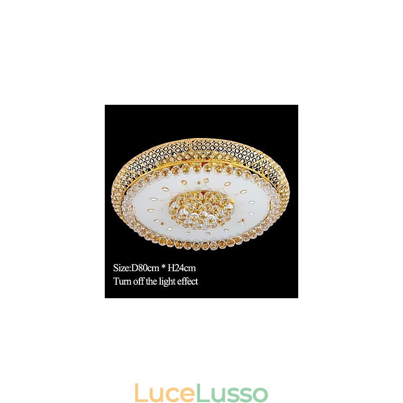 Lampada da soffitto rotonda in cristallo con cupola assorbente, diametro 80 cm, contiene 15 lampadine.