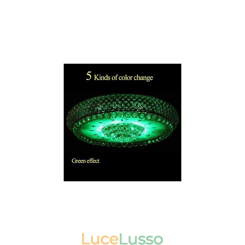 Lampada da soffitto rotonda in cristallo con cupola assorbente, diametro 80 cm, contiene 15 lampadine.