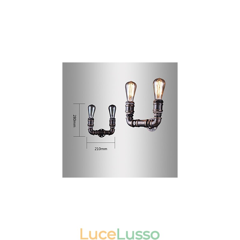 Lampada da parete vintage a 2 luci con tubo dell'acqua in metallo e lampadina Edison