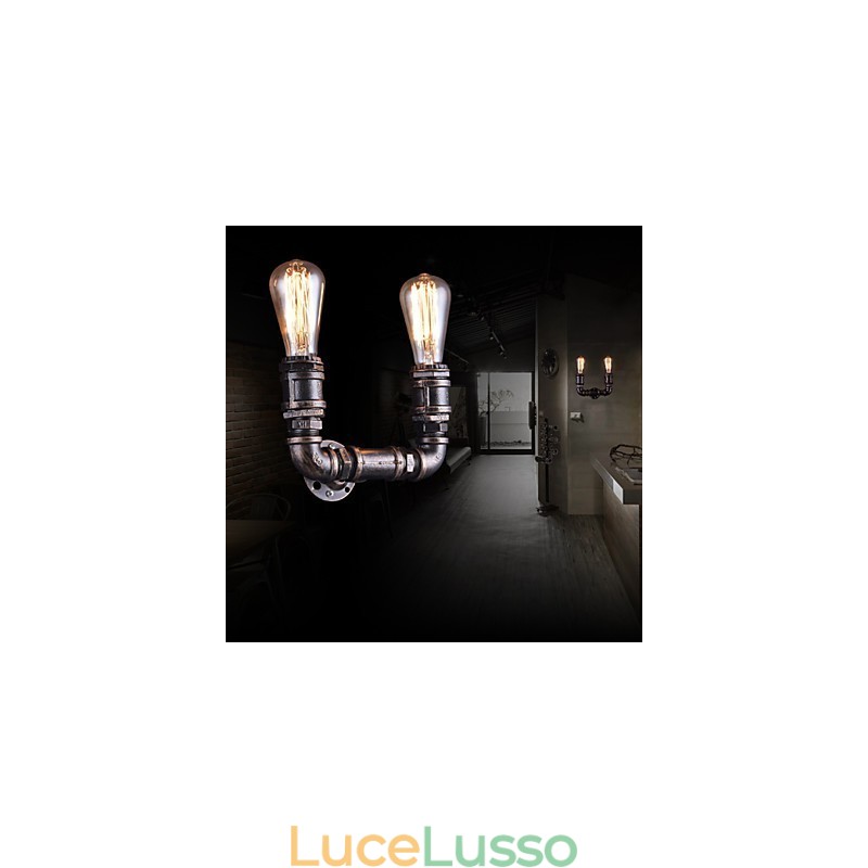 Lampada da parete vintage a 2 luci con tubo dell'acqua in metallo e lampadina Edison