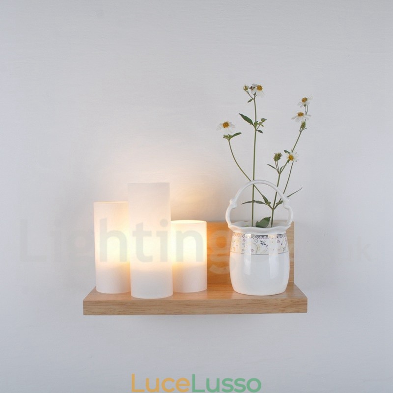 Applique da parete in stile mini con paralumi in vetro, moderna lampada da parete in legno e bambù contemporanea