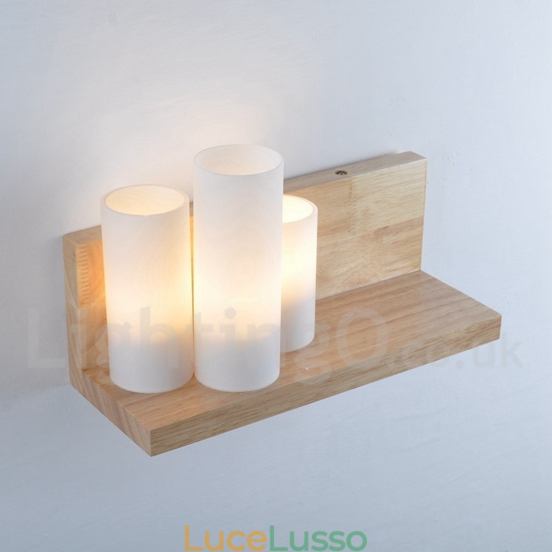Applique da parete in stile mini con paralumi in vetro, moderna lampada da parete in legno e bambù contemporanea