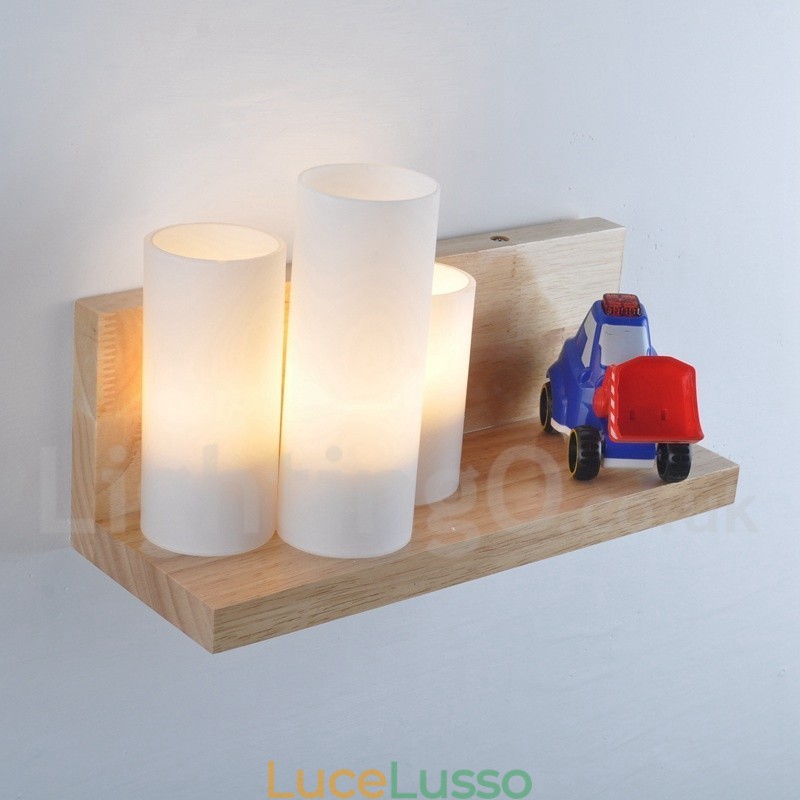 Applique da parete in stile mini con paralumi in vetro, moderna lampada da parete in legno e bambù contemporanea