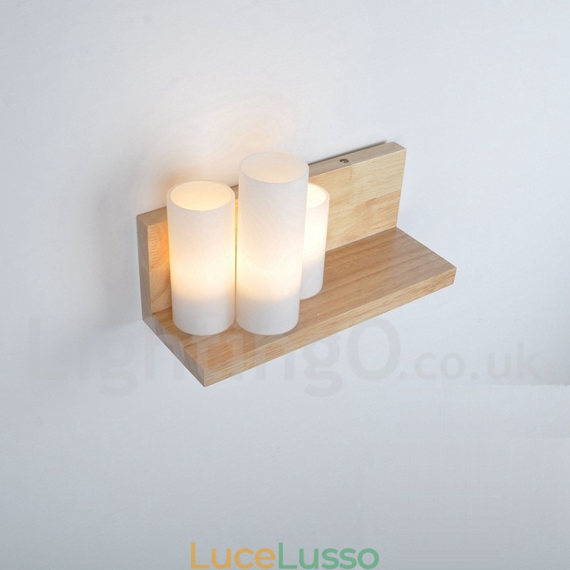 Applique da parete in stile mini con paralumi in vetro, moderna lampada da parete in legno e bambù contemporanea