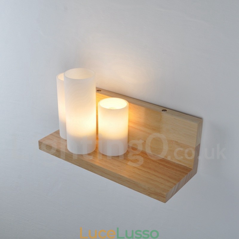 Applique da parete in stile mini con paralumi in vetro, moderna lampada da parete in legno e bambù contemporanea
