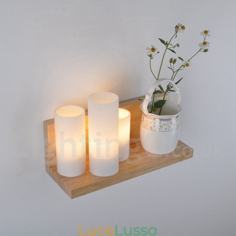 Applique da parete in stile mini con paralumi in vetro, moderna lampada da parete in legno e bambù contemporanea