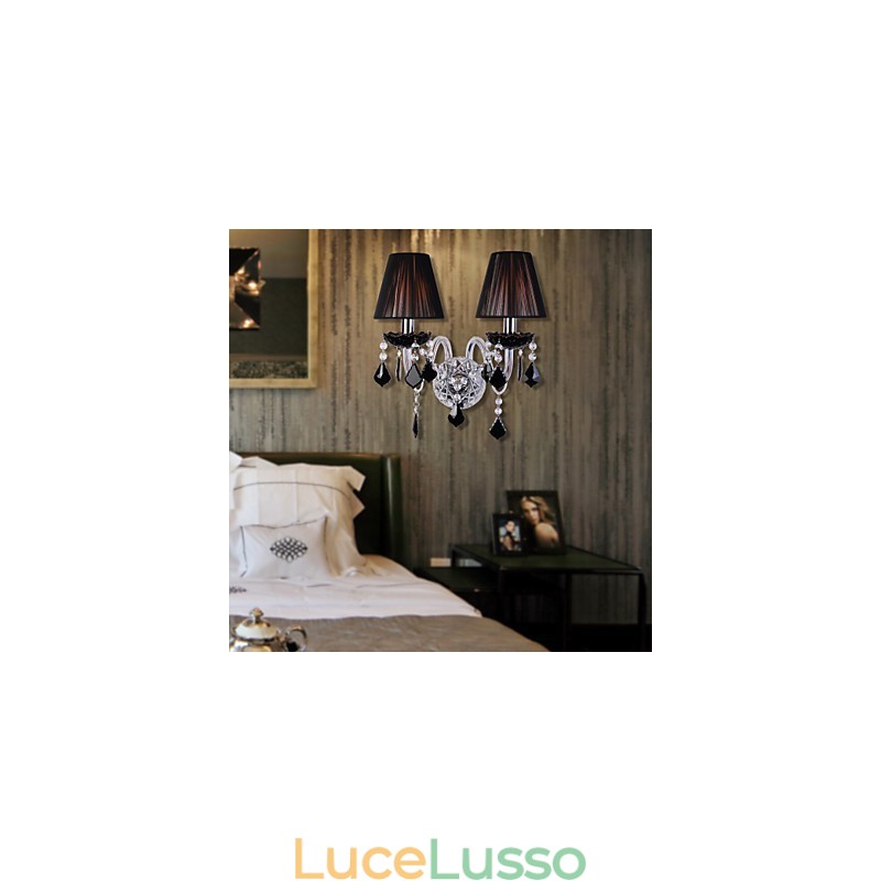 Applique in cristallo con 2 luci in paralume in tessuto