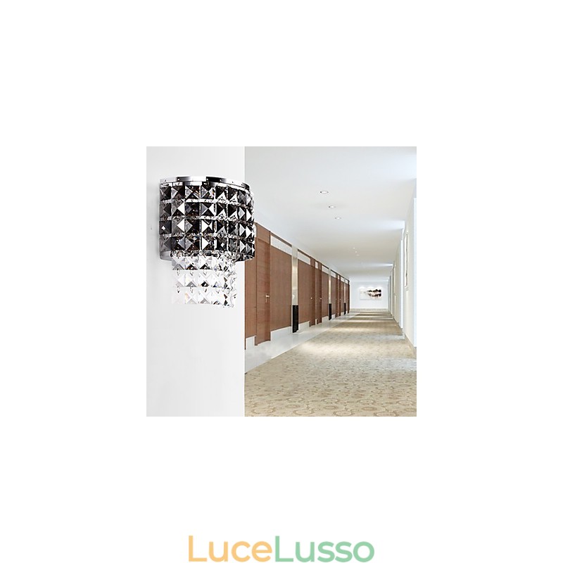 Applique moderna con paralume in tessuto, piastra metallica, stile decorativo in cristallo