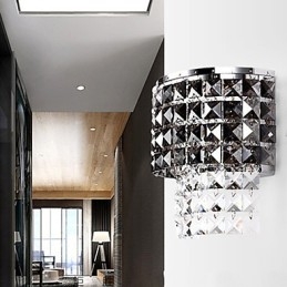 Applique moderna con paralume in tessuto, piastra metallica, stile decorativo in cristallo