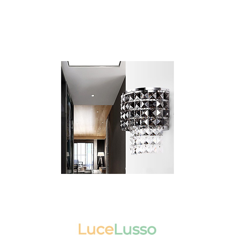 Applique moderna con paralume in tessuto, piastra metallica, stile decorativo in cristallo