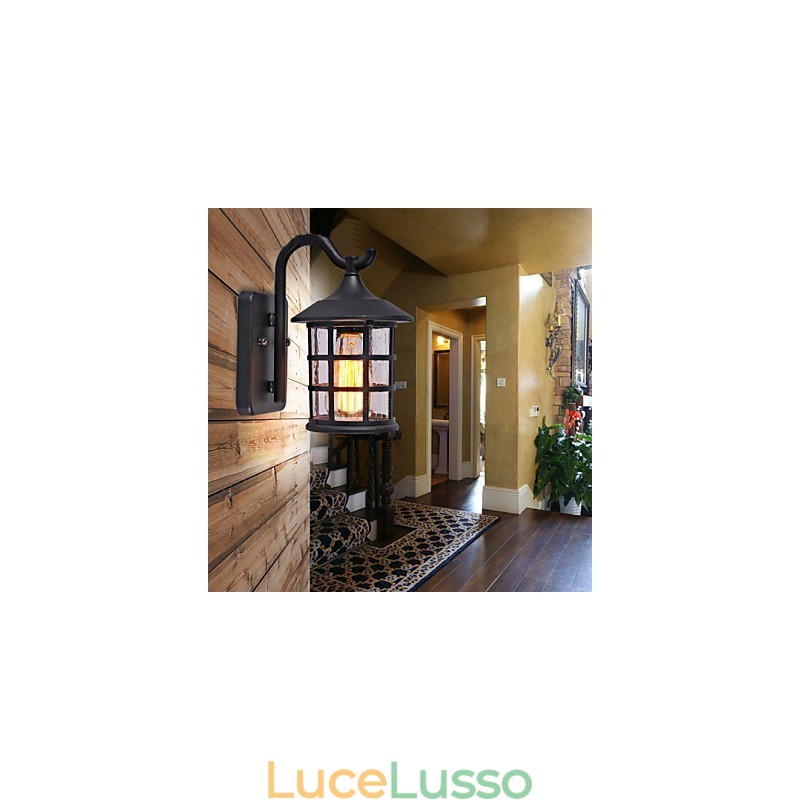 Lampada da parete esterna impermeabile in ferro rustico antico, lanterna vintage, applique da parete per corridoio, nero opaco arrugginito