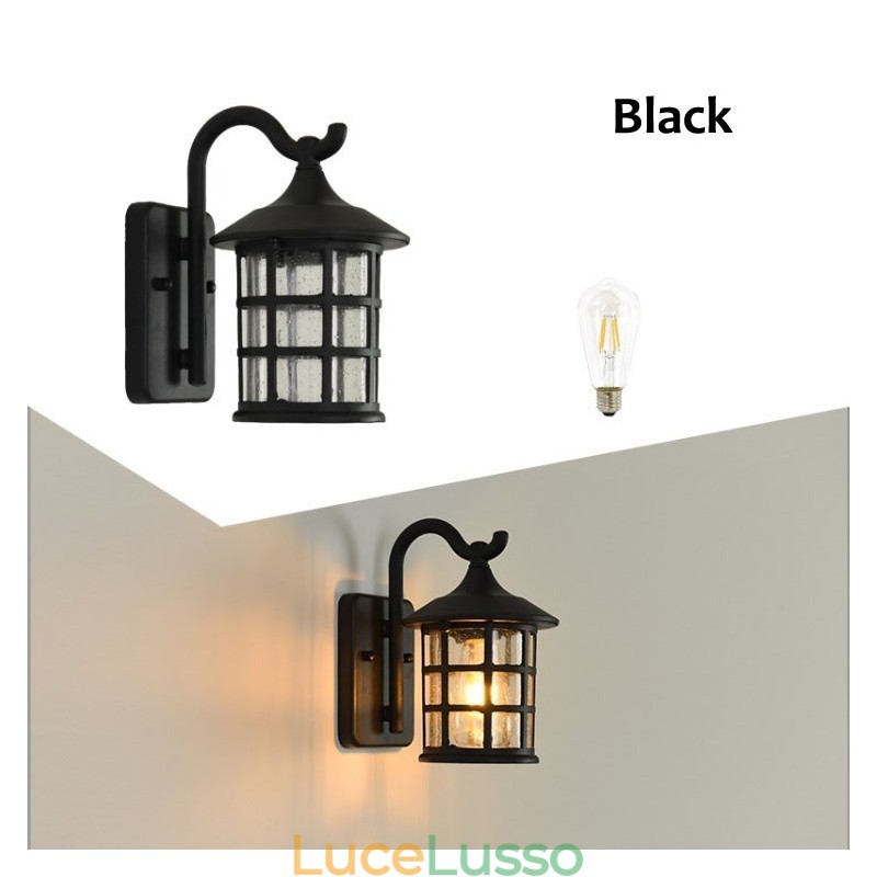 Lampada da parete esterna impermeabile in ferro rustico antico, lanterna vintage, applique da parete per corridoio, nero opaco arrugginito