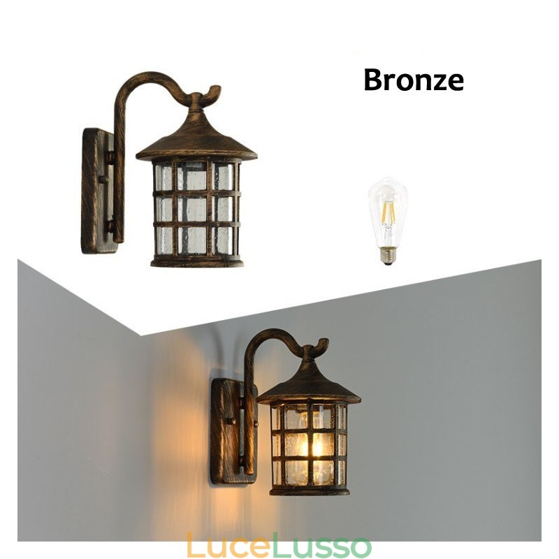 Lampada da parete esterna impermeabile in ferro rustico antico, lanterna vintage, applique da parete per corridoio, nero opaco arrugginito