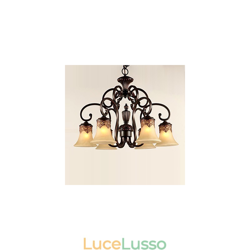 Lampadario a sospensione 6 luci paralume verso il basso vintage country metallo + vetro