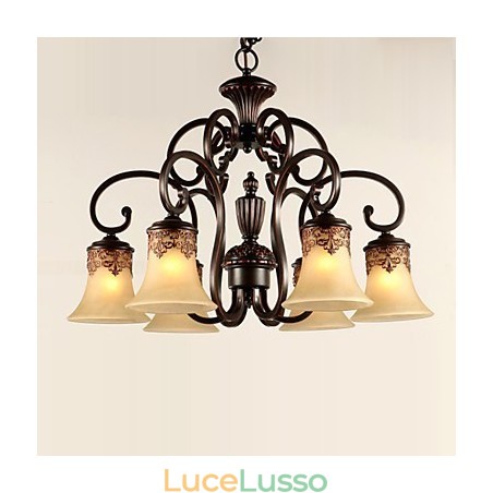 Lampadario a sospensione 6 luci paralume verso il basso vintage country metallo + vetro Lampadario a sospensione 6 luci paralume verso il basso vintage country metallo + vetro