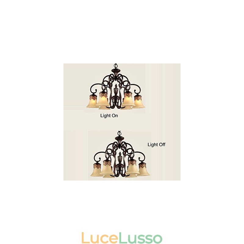 Lampadario a sospensione 6 luci paralume verso il basso vintage country metallo + vetro