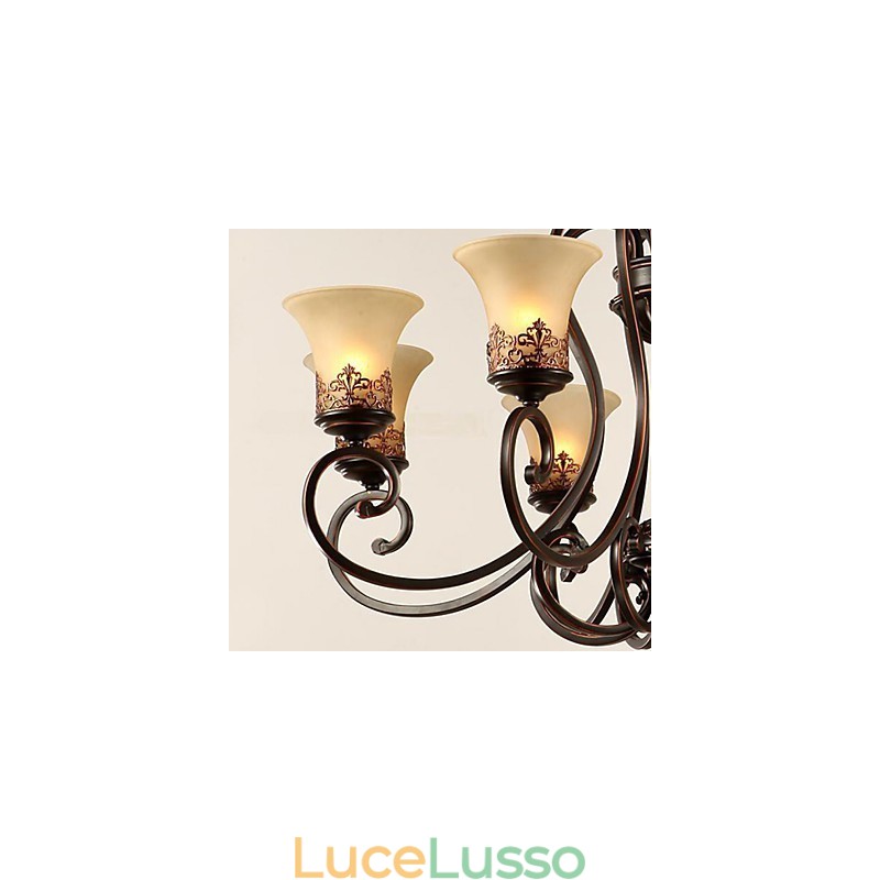 Lampadario a sospensione 6 luci paralume verso il basso vintage country metallo + vetro