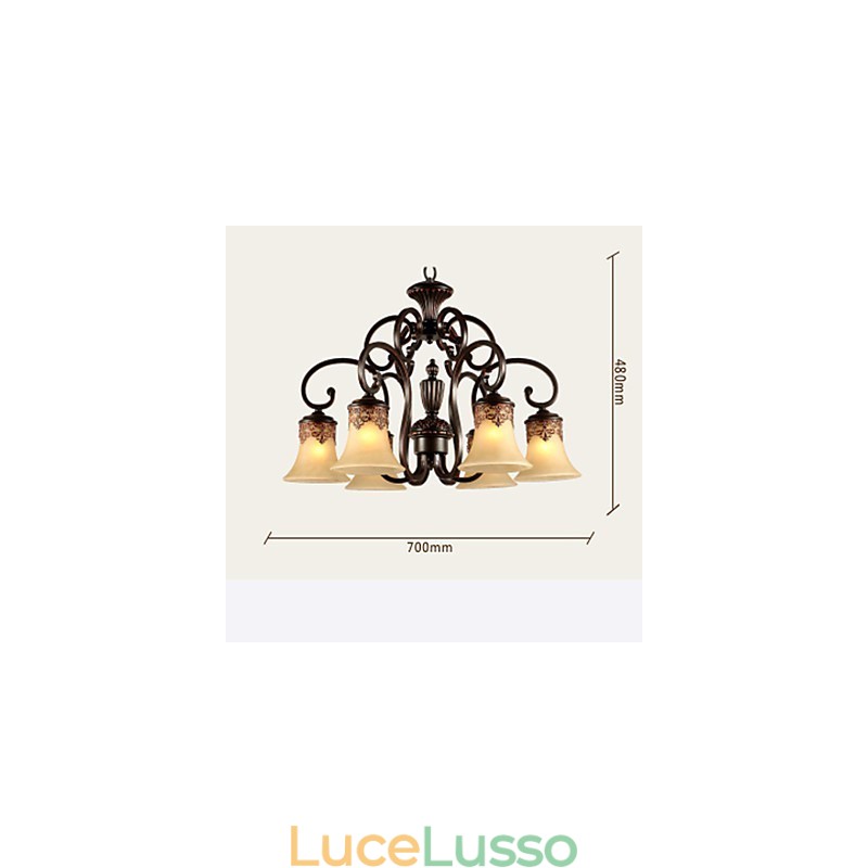 Lampadario a sospensione 6 luci paralume verso il basso vintage country metallo + vetro