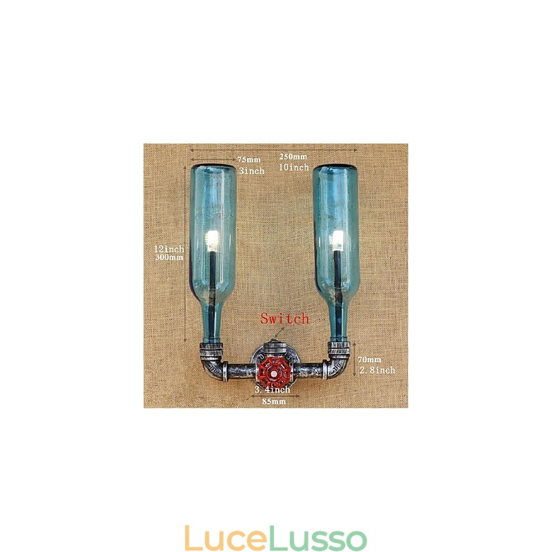 Lampada da parete retrò industriale a vento con interruttore a bottiglia d'acqua, luce da parete blu