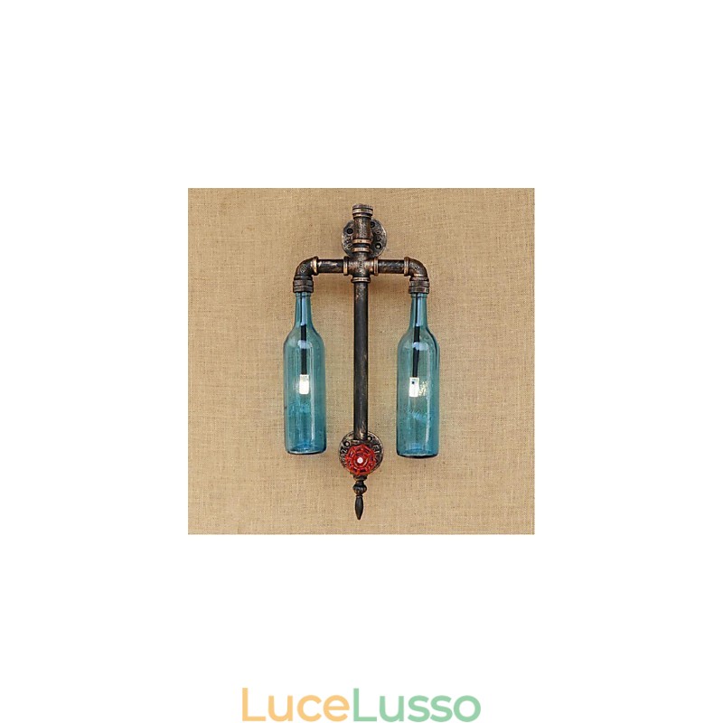 Bar in ferro con interruttore, lampada da parete per bottiglie di vino e tubo dell'acqua, ristorante a tema americano, blu