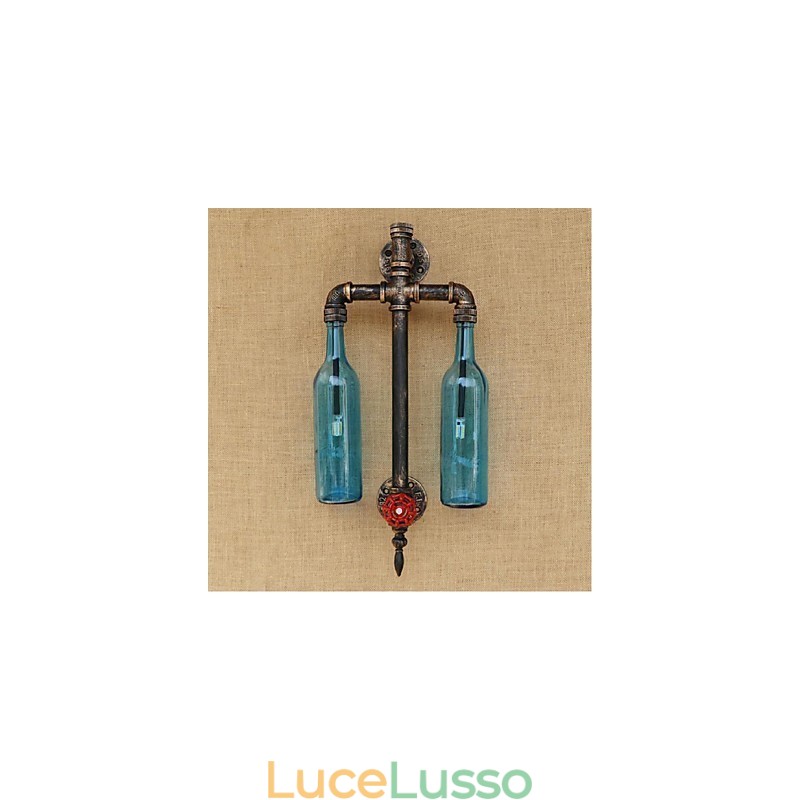 Bar in ferro con interruttore, lampada da parete per bottiglie di vino e tubo dell'acqua, ristorante a tema americano, blu