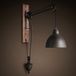 Lampada da parete in stile country americano, retrò, creativa, con puleggia in legno