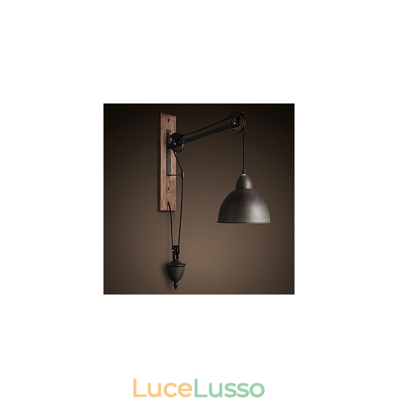 Lampada da parete in stile country americano, retrò, creativa, con puleggia in legno