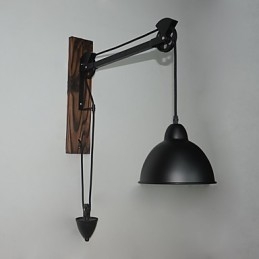 Lampada da parete in stile country americano, retrò, creativa, con puleggia in legno