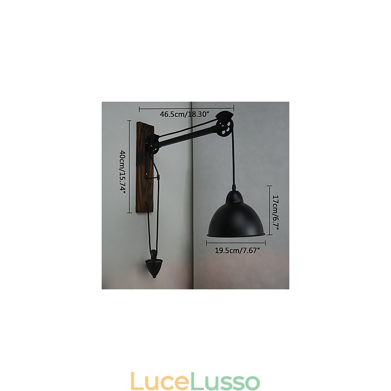 Lampada da parete in stile country americano, retrò, creativa, con puleggia in legno