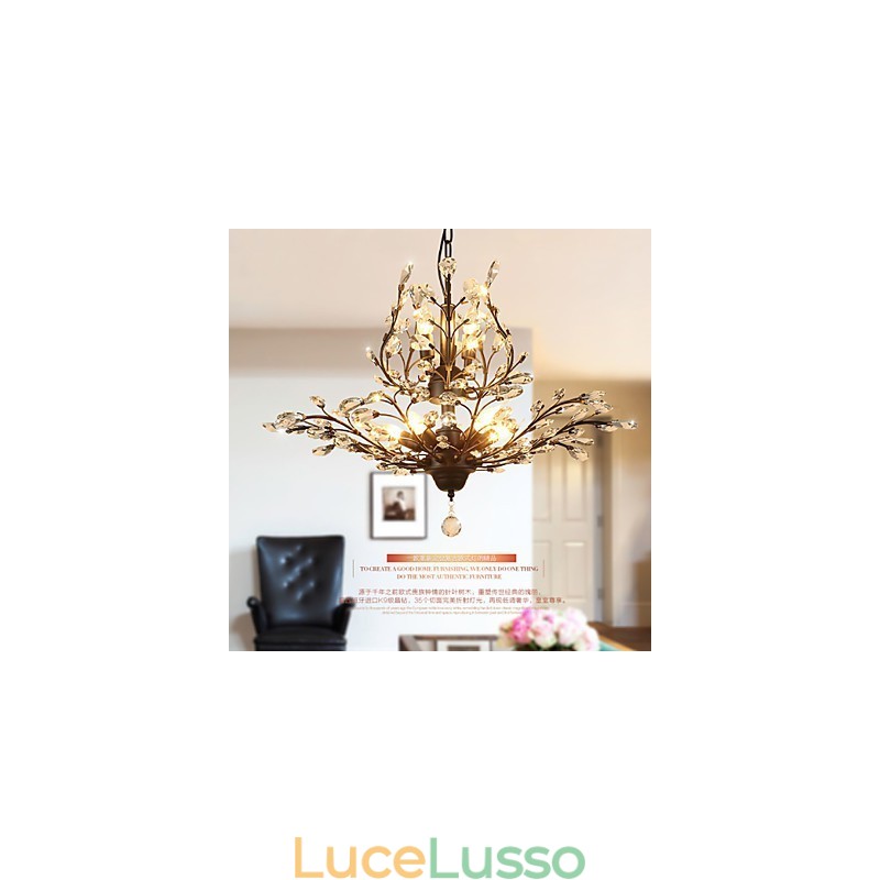 Lampadario vintage in cristallo a filo con 8 luci in metallo verniciato nero o oro