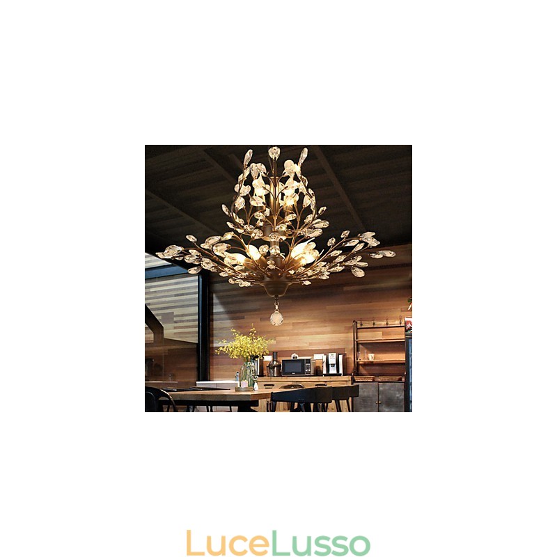 Lampadario vintage in cristallo a filo con 8 luci in metallo verniciato nero o oro