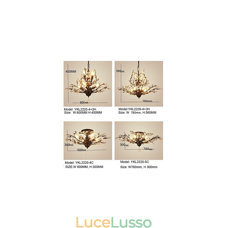 Lampadario vintage in cristallo a filo con 8 luci in metallo verniciato nero o oro