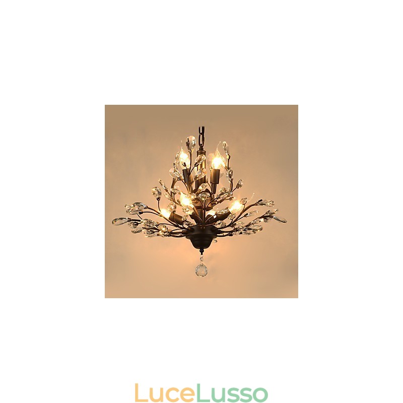 Lampadario vintage in cristallo a filo con 8 luci in metallo verniciato nero o oro