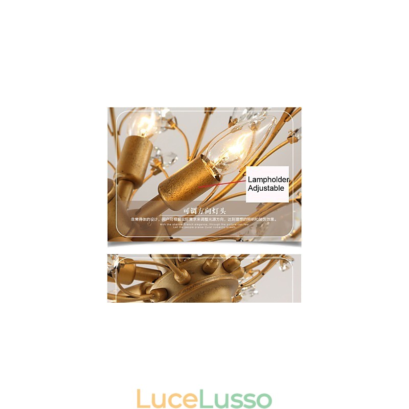 Lampadario vintage in cristallo a filo con 8 luci in metallo verniciato nero o oro