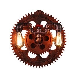 Applique da parete vintage industriale a 2 teste, luci a forma di ingranaggio in legno, decorazione per ristoranti, bar e caffè