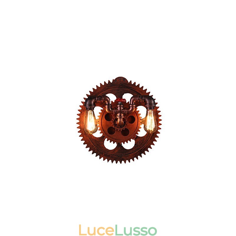 Applique da parete vintage industriale a 2 teste, luci a forma di ingranaggio in legno, decorazione per ristoranti, bar e caffè