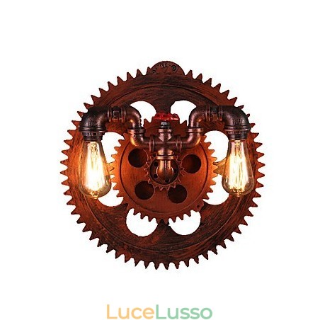 Applique da parete vintage industriale a 2 teste, luci a forma di ingranaggio in legno, decorazione per ristoranti, bar e caffè Applique da parete vintage industriale a 2 teste, luci a forma di ingranaggio in legno, decorazione per ristoranti, bar e caffè