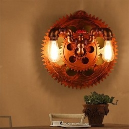 Applique da parete vintage industriale a 2 teste, luci a forma di ingranaggio in legno, decorazione per ristoranti, bar e caffè