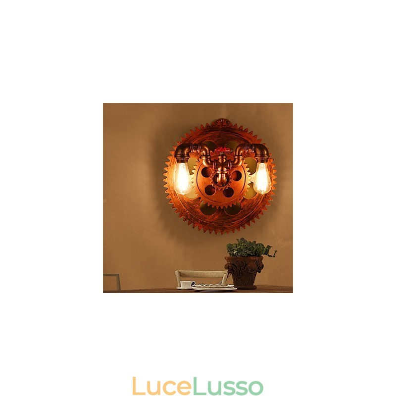 Applique da parete vintage industriale a 2 teste, luci a forma di ingranaggio in legno, decorazione per ristoranti, bar e caffè
