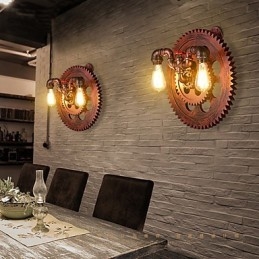Applique da parete vintage industriale a 2 teste, luci a forma di ingranaggio in legno, decorazione per ristoranti, bar e caffè