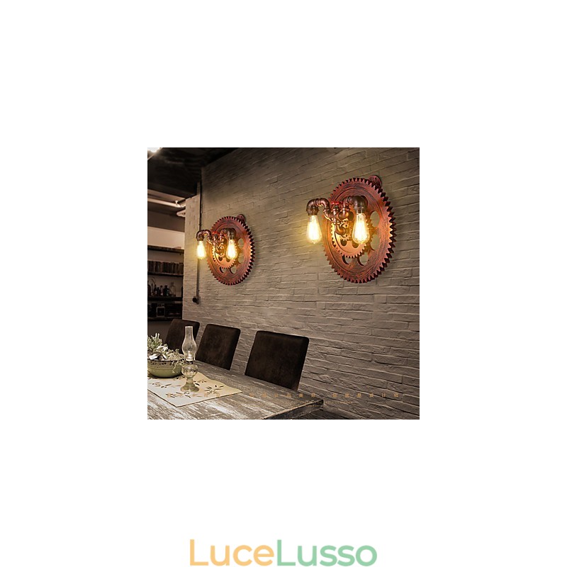 Applique da parete vintage industriale a 2 teste, luci a forma di ingranaggio in legno, decorazione per ristoranti, bar e caffè