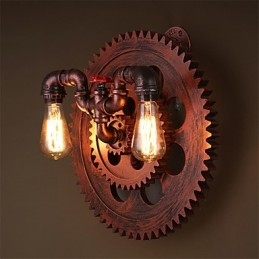 Applique da parete vintage industriale a 2 teste, luci a forma di ingranaggio in legno, decorazione per ristoranti, bar e caffè
