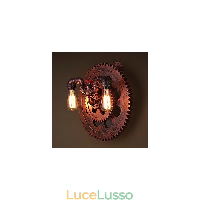 Applique da parete vintage industriale a 2 teste, luci a forma di ingranaggio in legno, decorazione per ristoranti, bar e caffè