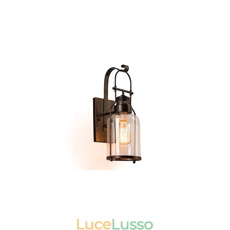 Applique da parete retrò industriale da loft con 1 luce e vetro trasparente